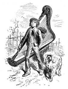Ilustração de Emile Bayard para o romance "Sans Famille", de Hector Malot: Remi com seu amigo o cão Capi e sua harpa - Edição Hetzel 1880 - de Emile Antoine Bayard