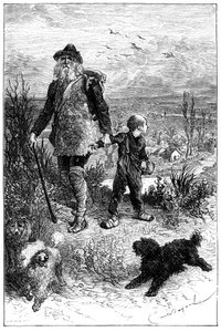 Ilustração de Emile Bayard para o romance de Hector Malot "Sem Família": Remi parte com Monsieur Vitalis, artista itinerante e os seus animais eruditos os três cães Capi, Zerbino e Dolce - Edição Hetzel 1880 - de Emile Antoine Bayard