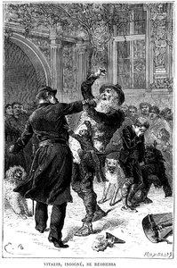 Ilustração de Emile Bayard para o romance "Sans Famille" de Hector Malot: em Toulouse, Monsieur Vitalis, indigno, é preso por um policial na frente de Remi e seus amigos, os animais cultos da trupe: Joli-Coeur (coração bonito), o macaco e de Emile Antoine Bayard