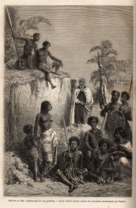 Kamehameha I (ca. 1758-1819), rei das Ilhas Havaianas e fundador da sua unidade, cercou guerreiros havaianos e alguns súditos em Honolulu, gravando após o desenho de Emile Bayard, ilustrando a viagem às Ilhas Sandwich, em 1855-69, por C de Emile Antoine Bayard