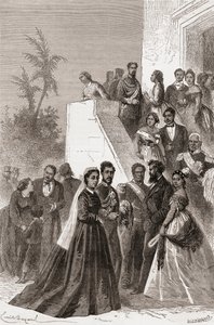 Kamehameha V, centro, com sua família, ilustração de "O mundo nas mãos", gravado por Henri Theophile Hildibrand (1824-97), publicado em 1878 de Emile Antoine Bayard