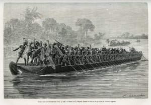 Grande canoa do Arouhouimi, carregada de 40 remadores de pé e vinte guerreiros em armas, no rio Livingstone (Congo), desenhada por Emile Bayard, para ilustrar a história "Through the Mysterious Continent", viagem feita entre 1874-1877, por Sir H.M. de Emile Antoine Bayard