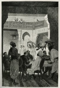 Almoço no ministro da guerra, cocar de um turbante, de frente para o autor da história, chegando pela corte, uma fila de criados carregando os pratos da refeição, gravada por Emile Bayard, para ilustrar a história de Marrocos por Edmondo de Amicis, em 1875 de Emile Antoine Bayard