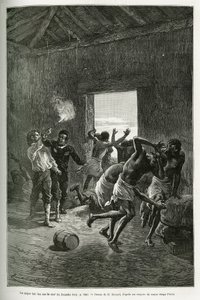 O Major Serpa Pinto disparou contra o chefe da aldeia ou parou porque exigiu ainda mais brandy em troca da sua hospitalidade. Gravura de Emile Bayard, para ilustrar a história de como eu atravessei a África, do Oceano Atlântico ao Índico, por Majo de Emile Antoine Bayard