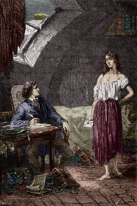 Marius e Eponine, filha mais velha dos Thenardiers e apaixonada por Marius Ilustração do romance "Les Miserables" de Victor Hugo (1802-1885) Ilustração de Emile Bayard - (Eponine Thenardier (Jondrette girl) e Marius) Gravação da colecção privada