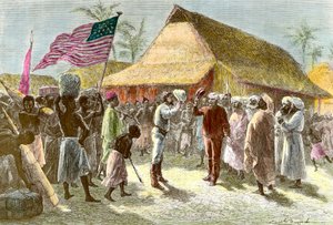 Encontro em Ujiji, nas margens do Lago Tanganica, entre Henry Morton, um explorador e jornalista galês (1841-1904) e David Livingstone, um explorador missionário escocês do continente africano (1813-1873), em 10 de novembro de Emile Antoine Bayard