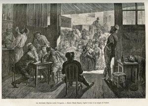 Os cantores de hinos de embriaguez da Madre Carey se reuniram na entrada de um bar de uísque do Ohio para combater o florescimento do alcoolismo. O desenho de Emile Bayard para ilustrar a história La conquete blanche, de William Hepworth Dixon, em 1875, pu de Emile Antoine Bayard