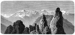 Cume da montanha chamado Pierre a Voir perto dos banhos da Saxônia no Valais, nos Alpes suíços. Ilustração de Emile Bayard para o livro "Les Montagnes" de Albert Dupaigne, edição Mame 1881. de Emile Antoine Bayard