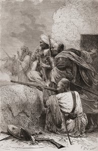 Rebeldes do norte do Afeganistão combatem os britânicos nas montanhas de Hazara, no Paquistão, durante o domínio britânico, em 1878 de Emile Antoine Bayard