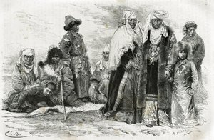 Mulheres quirguizes pobres e ricas. Gravura de Emile Bayard, para ilustrar impressões de viagem de Orenburg a Samarkand, de Marie de Ujfalvy-Bourdon, entre 1876 e 1878, no Tour du monde, dirigido por Edouard Charton de Emile Antoine Bayard