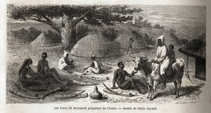 Preparação de marfim, para um comerciante turco, Uganda, desenho de Emile Bayard (1837-1891), ilustrando a viagem de descoberta do Capitão Speke na África de 1860 a 1863. Gravura em "Le tour du monde", editado por Edouard Charton de Emile Antoine Bayard
