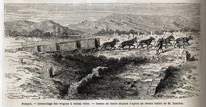 Remontagem de vagões vazios durante as escavações de 1864 em Pompéia, desenho de Emile Bayard (1837-1891), para ilustrar o texto de Marc Monnier (1829-1885) "Pompéia e os Pompeianos". Gravura em "Le tour du monde", editado por Edouard Charton de Emile Antoine Bayard