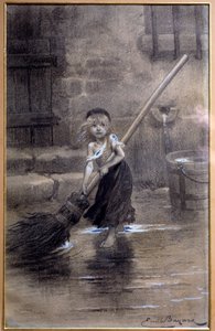 Representação da Cosette, a varrer descalça. Ilustração de "Os Miseráveis" de Victor Hugo (1802-1885) de Emile Bayard (1837-1891) do século XIX. Paris, Maison Victor Hugo