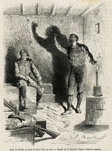 Sir Henri Morton Stanley (1841-1904) e Franck Pock, seu companheiro de exploração, decretam uma pilha ou face do itinerário da sua viagem, desenhada por Emile Bayard, para ilustrar a história "Through the Mysterious Continent" (África Equatorial), uma viag de Emile Antoine Bayard
