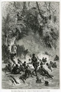 Sir Henri Morton Stanley (1841-1904) no meio dos banhistas da região de Karagoue (Camarões), que mergulham na bacia de água quente e médica do desfiladeiro Mtagata, desenhada por Emile Bayard, para ilustrar a história "Through the Mysterious Continent", um de Emile Antoine Bayard