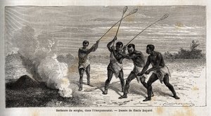 Tambores de sorgo, na região dos Grandes Lagos, África, desenho de Emile Bayard (1837-1891), ilustrando a viagem de descoberta do Capitão Speke na África de 1860 a 1863. Gravura em "Le tour du monde", editado por Edouard Charton de Emile Antoine Bayard