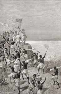 Stanley e sua primeira observação de Tanganica, na África Oriental, em 1872, ilustração de "O mundo nas mãos", publicada em 1878 de Emile Antoine Bayard