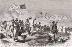 O ataque de Stanley a Zimbizo durante sua expedição em 1871, ilustração de "O mundo nas mãos", gravada por Henri Theophile Hildibrand (1824-97), publicada em 1878 de Emile Antoine Bayard