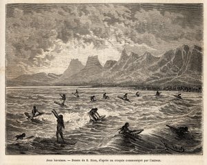 Surf, a prática do jogo favorito do Havaí, aqui pelas mulheres, em equilíbrio, em pé ou sentadas, na prancha, no crete des waves, que as trazem de volta à praia, gravando depois do desenho de Emile Bayard, ilustrando a viagem para as Ilhas Sandwich de Emile Antoine Bayard