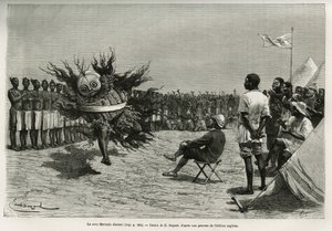 O Sova Mavanda (rei), rodeado por seus homens que salvamodificam uma canção monótona, dançando em frente ao major. Gravado por Emile Bayard, para ilustrar a história de como atravessei a África, do Oceano Atlântico ao Índico, pelo Major Serpa Pinto, de Emile Antoine Bayard