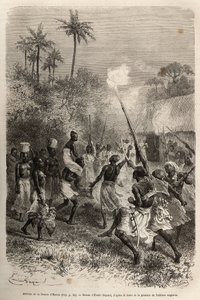 A chegada da noiva de Hamis à aldeia de Hara (Zâmbia), califourchon no ombro de um homem, acompanhada por uma dúzia de seguidores, cada um carregando uma pequena cesta de provisões na cabeça, gravada após um desenho de Emile Bayard, ilustrando David Living de Emile Antoine Bayard