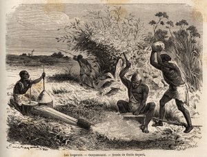 Os ferreiros, na região dos Grandes Lagos, África, desenho de Emile Bayard (1837-1891), ilustrando a viagem de descoberta em África, de 1860 a 1863 do Capitão Speke. Gravura em "Le tour du monde", editado por Edouard Charton de Emile Antoine Bayard