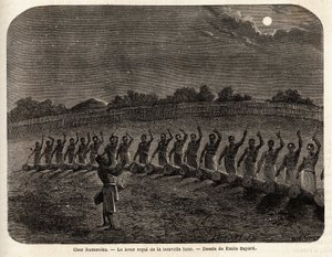A cerimónia dos tambores para a ascensão da lua nova, à cabeça da tribo Rumanika, em Karague (a oeste do Lago Vitória, no Zimbabué actual), desenho de Emile Bayard (1837-1891), ilustrando a viagem de descoberta do Capitão Speke em África a partir de 186 de Emile Antoine Bayard