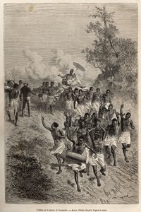 O cortejo da esposa de Cassemmbe passa diante de Livingstone que a saúda, gravado após um desenho de Emile Bayard, ilustrando o último diário de David Livingstone (1813-1873), em 1866-1873, publicado em "Le tour du monde" 1875, editado por Edouard Charton, de Emile Antoine Bayard