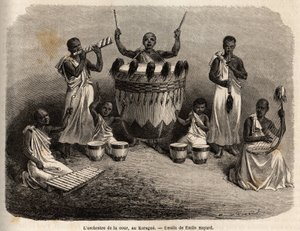 A orquestra da corte, no Karague (a oeste do Lago Vitória, actual Zimbabwe), desenho de Emile Bayard (1837-1891), ilustrando a viagem de descoberta do Capitão Speke em África de 1860 a 1863. Gravura em "Le tour du monde", editado por Edouard Char de Emile Antoine Bayard
