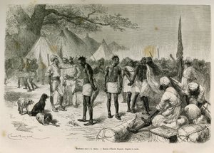 Os insolentes transportadores da expedição colocados na cadeia, desenhados por Emile Bayard, para ilustrar a história: Por toda a África, de Zanzibar (Tanzânia) a Benguela (Angola), de 1872 a 1876, pelo Tenente V.H.Cameron. Gravura em Le tour du monde