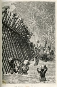 A passagem do rio Lovoi (ou rio do diabo) (região do Katanga, Congo) pela expedição, desenhada por Emile Bayard, para ilustrar a viagem pela África, de Zanzibar (Tanzânia) a Benguela (Angola), de 1873 a 1876, pelo comandante britânico V.L. de Emile Antoine Bayard