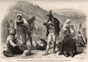 Os camponeses das proximidades de Pisino (Croácia), reúnem-se para a venda dos seus produtos agrícolas no mercado: aves, leitões..., gravados após um desenho de Emile Bayard ilustrando a viagem à Ístria e Dalmácia, em 1874, por Charles Yriarte, publicam de Emile Antoine Bayard