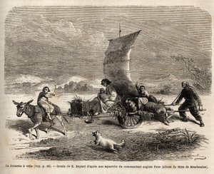 O carrinho de mão de vela, sistema de locomoção usado no norte da China, desenho de E.Bayard, ilustrando a viagem de Xangai a Moscou de Emile Antoine Bayard