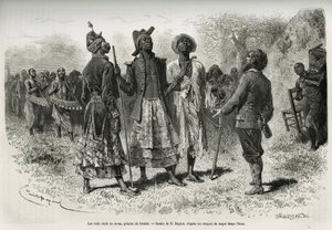 Os três maestros (ou sovas), príncipes de Dombe (Angola), e o seu conjunto de músicos e cortesão, vêm ao encontro do explorador S.Pinto. Gravado por Emile Bayard, para ilustrar a história de como atravessei a África, desde o Oceano Atlântico até ao Índico. de Emile Antoine Bayard