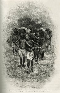 Tropa de moças carregando cestos cheios de comida para o abastecimento de S.Pinto e seus homens. Gravado por Emile Bayard, para ilustrar a história de como atravessei a África, do Oceano Atlântico ao Índico, pelo Major Serpa Pinto, em 1877-1878, pub de Emile Antoine Bayard