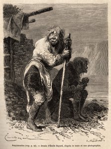 Duas velhas mulheres Eskimal, vestindo o traje das mulheres da Groenlândia, botas de couro até os joelhos, calcinha curta de pele de foca e uma pele em forma de túnica que cai para trás e para a frente, nas proximidades de Lichtenau, gravadas após o desenh de Emile Antoine Bayard