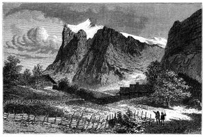 Vista dos Alpes suíços. Ilustração de Emile Bayard para o livro "Les Montagnes d