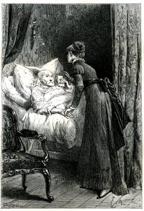 Jovem cuidando de um homem velho morrendo em sua cama sob um crucifixo pendurado na parede. O homem moribundo segura suas últimas recomendações (testamento) à mão. Gravura de Emile Bayard ilustrando o livro de Jules Sandeau "Mademoiselle de la Seigliere",  de Emile Antoine Bayard