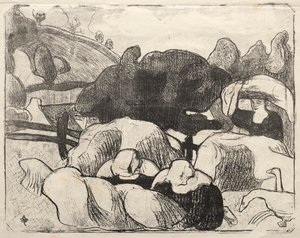 Les Bretonneries: mulheres bretãs fazendo montes de feno de Emile Bernard
