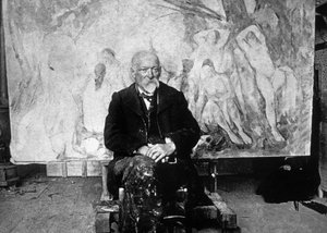 Paul Cezanne (1839-1906) Pintor francês em 1904 em frente a uma de suas telas mostrando nadadores (foto p - b)