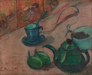 Natureza morta com bule, xícara e frutas de Emile Bernard