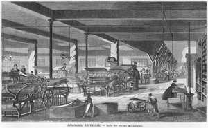 Sala das tipografias da Imperial Printing Works, ilustração de &39;Les Grandes Usines&39; de Julien Turgan, com Henry Duff Linton (1815-99) c.1880