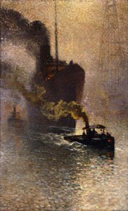 Em reboque no Tamisa no nevoeiro; Acompanhe a Tamise no Brouillard - Rebocado no Tamisa, 1918 de Emile Claus
