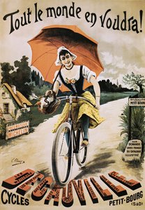 Cartaz vintage de mulher andando de bicicleta segurando guarda-chuva vermelho de Emile Clouet
