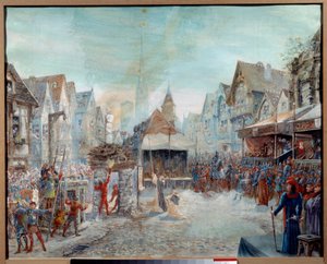 Guerra dos Cem Anos: "Joana of Arc (1412-1431) é liderada no talho" (Place du Vieux-Marche em Rouen). Pintura por Emile Deshays (1875-1946) 1901. Sol. 0,73x0,6 m Rouen, Musee des Beaux Arts Atenção! A utilização desta obra pode ser sujeita a uma terceira p de Emile Deshays