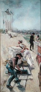 Trabalhadores que constroem o Hotel de Ville, Paris de Emile Henri Blanchon