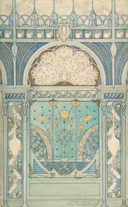 Projeto para uma decoração de parede com pavão, guindastes e girassóis para o restaurante..., 1896-98 de Emile Hurtré