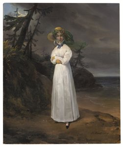 Retrato da viúva Comtesse Jean-Henri-Louis Greffulhe numa paisagem de Emile Jean Horace Vernet