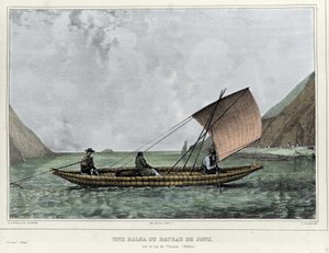 Uma Balsa ou um barco erupção cutânea no Lago Titicaca (Bolívia). Litografia de Emile Lassalle (1813-1871) - em "Voyage dans l