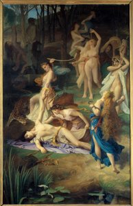 A morte de Orphee. Os Bacchantes (ou Menades) me aliviaram o Orphee em pedaços. Pintura de Emile Levy (1826 - 1890)
